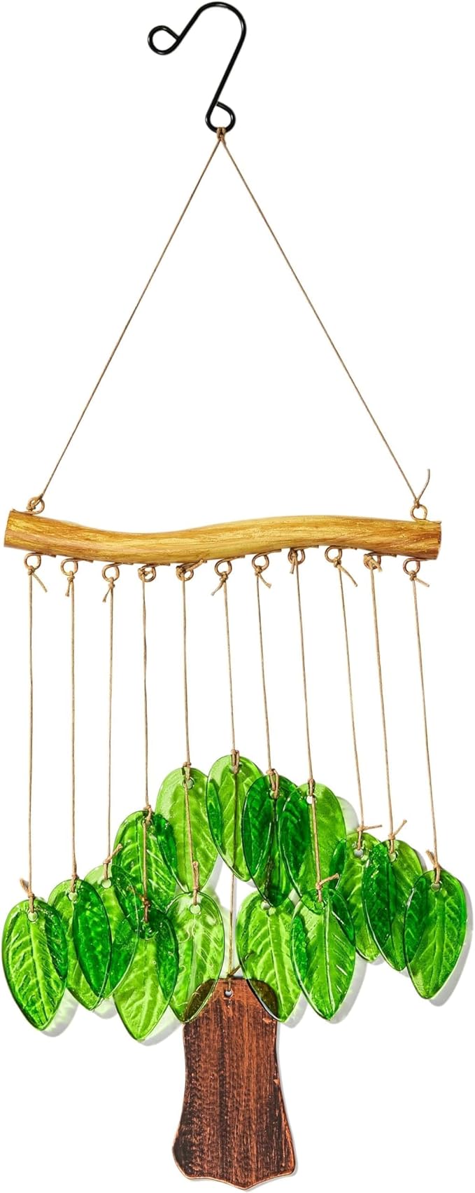 YU FENG Natural Green Leaf Glass Wind Chime, Handcrafted with Iron Wood-Look Hanging Bar, Metal Chime, Hanging Decor for Patio, Window & Garden