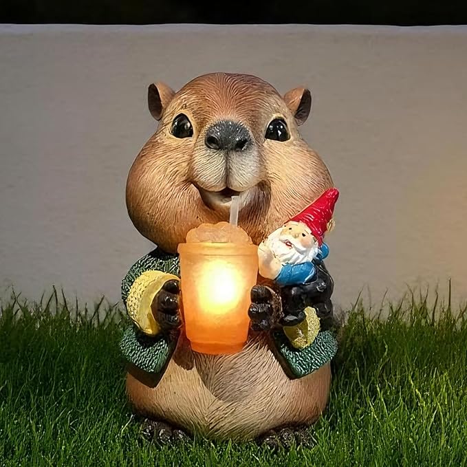 Solar Capybara Garden Gnome Statue,Outdoor Chipmunk Decor with Glowing Cup,Gnomes Figurine for Patio Yard Lawn,Christmas Housewarming Gifts for Mom,Women,Grandma