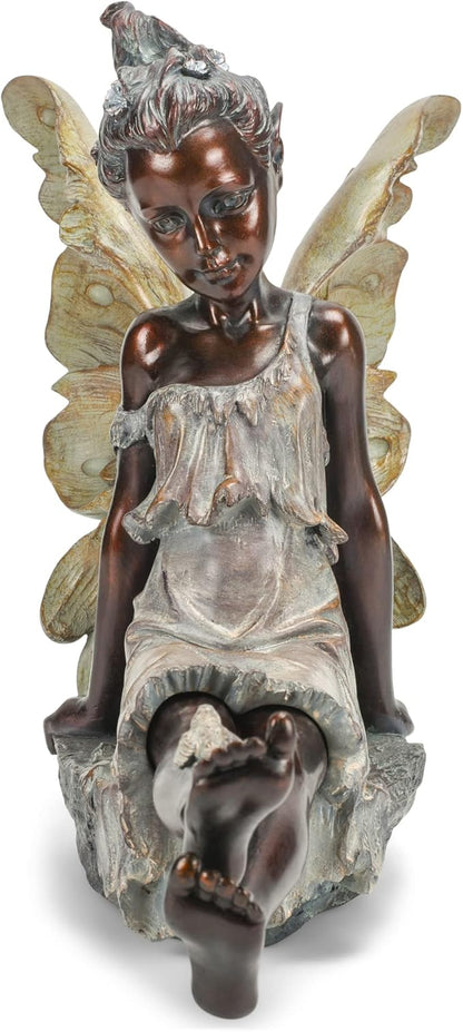 Napco Fairy with Bird Bronze Tone 12.5 x 18 Inch Resin Stone Outdoor Garden Statue