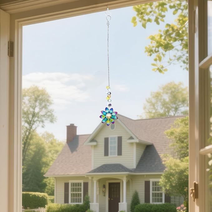 2PCS Crystal Sunflower Suncatchers for Windows Hanging, Sun Catcher Colorful Flower Prisms Rainbow Maker Pendants Hanging Ornaments for Indoor Outdoor Home Patio Garden Decor
