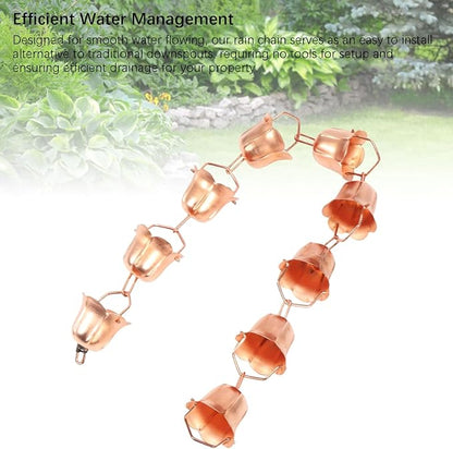 Hanging Rain Chain Copper 1m Elegant Weatherproof Garden Decoration with Floral Cups - Efficient Water Management, Expandable Design, Ideal for Yard and Temple (Morning Glory Shaped)