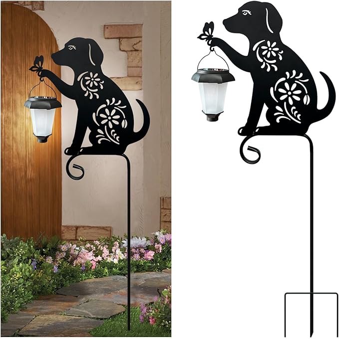 Dog Holding Solar Lantern Garden Stakes Outdoor Metal Dog Stakes Decorative Garden Stakes Suitable for Yard and Lawns(Dogs Decor Garden Stake)