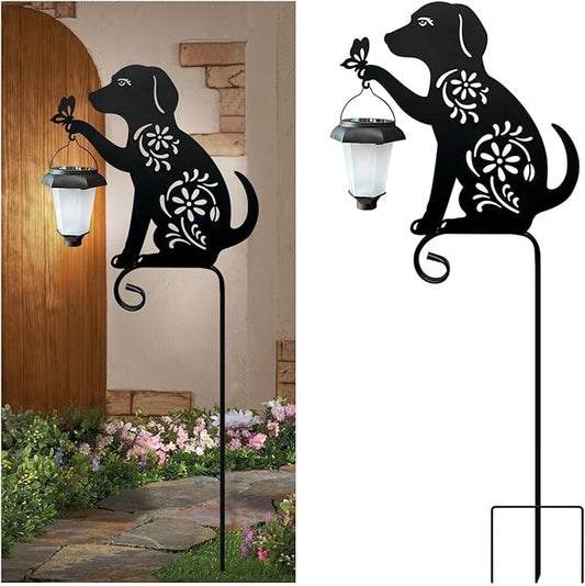 Dog Holding Solar Lantern Garden Stakes Outdoor Metal Dog Stakes Decorative Garden Stakes Suitable for Yard and Lawns(Dogs Decor Garden Stake)