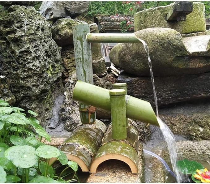 Bamboo Fountain Kit Solar Bamboo Fountain Japan Garden Waterfall Outdoor Water Fountain Spout, 100% Handmade,Length25cm,