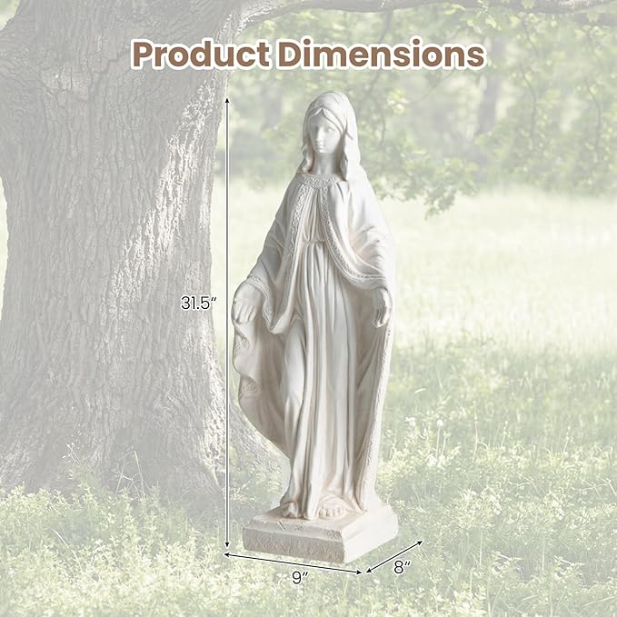 Giantex Virgin Mary Garden Statue 31.5", Blessed Mother Outdoor Religious Statue, Weather-Resistant MgO Catholic Sculptures Yard Decor for Lawn, Patio, Prayer Garden & Memorial, Distressed Ivory