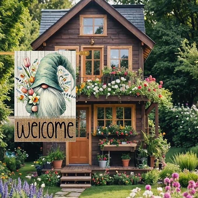 Welcome Spring Garden Flag 28x40 inch Burlap Double Sided Gnome Colorful Floral Small Summer Garden Flags Decorations For Outside Yard Home Outdoor Patio Lawn Decor (RMQ-186, 28"X40")