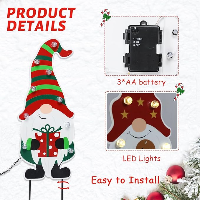 WONDER GARDEN 3 PCS Christmas Gnomes Yard Signs Christmas Decorations Outdoor, Metal Xmas Yard Stakes Gnomes Lawn Decor, Xmas Garden Stakes with Led Lights for Patio Pathway Outside Decorations