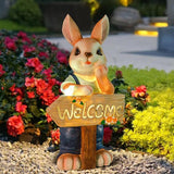 22" Solar Large Rabbit Statue Garden Decor Resin Standing Bunny Statue with Welcome Sign Outdoor Easter Decorations for Porch Patio Lawn Yard Gardening Gifts for Mom Women, Blue Rabbit