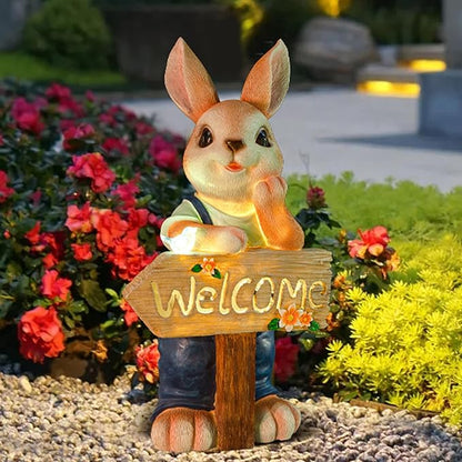 22" Solar Large Rabbit Statue Garden Decor Resin Standing Bunny Statue with Welcome Sign Outdoor Easter Decorations for Porch Patio Lawn Yard Gardening Gifts for Mom Women, Blue Rabbit