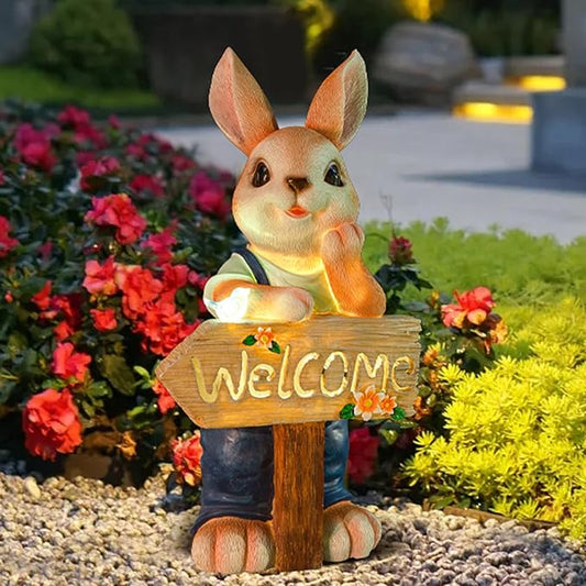 22" Solar Large Rabbit Statue Garden Decor Resin Standing Bunny Statue with Welcome Sign Outdoor Easter Decorations for Porch Patio Lawn Yard Gardening Gifts for Mom Women, Blue Rabbit
