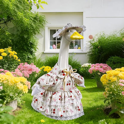 Spring Summer Porch Goose Outfit Set for 23'' Lawn Goose Statue,Strawberry Floral Goose Outfit Lace Sun Hat & Dress Clothes,for Garden Yard Decor (Strawberry Skirt)