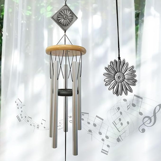 Daisy Wind Chime for Outside,29 "Memorial Outdoor Wind Chimes Sunflower Gifts for Women/Mother/Father/Christmas,Unique Windchimes Outdoors Daisy Garden Patio Home Yard Decor (Silver)