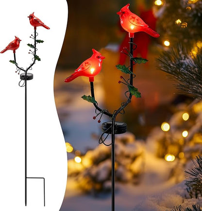 Solar Cardinal Bird Statue Light Outdoor, Solar Powered Garden Decor with Iron Stake, Waterproof Cardinal Bird Decorations for Yard Patio Garden, Memorial Gift for Mom Grandma