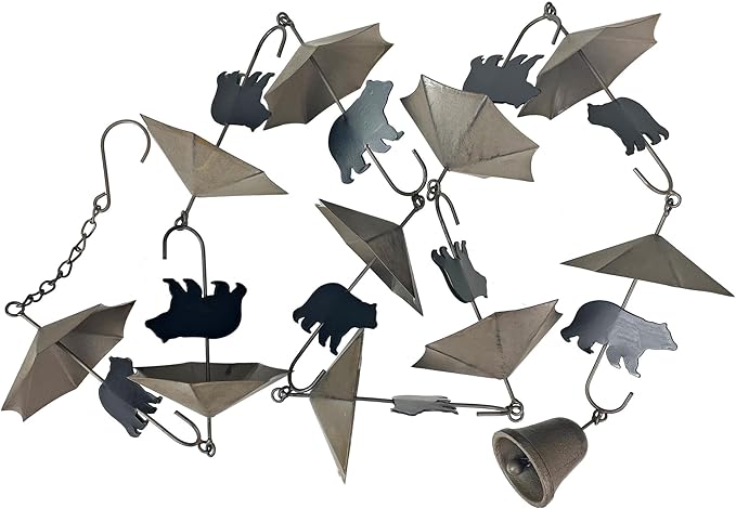 Rustic Black Bear & Umbrella Rain Chain - 75 inches Long Distressed Copper Finish, 10 Decorative 3D Designs, Weighted Bell for Wind Chime Sound