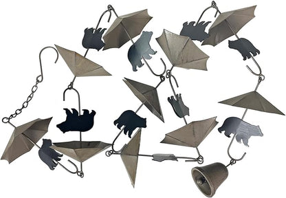 Rustic Black Bear & Umbrella Rain Chain - 75 inches Long Distressed Copper Finish, 10 Decorative 3D Designs, Weighted Bell for Wind Chime Sound