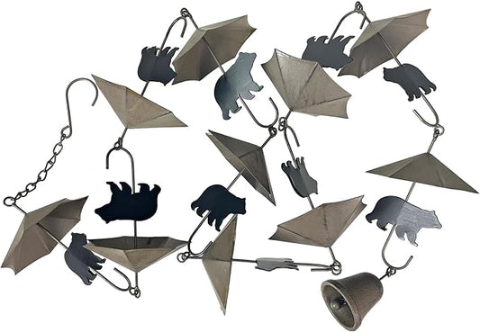 Rustic Black Bear & Umbrella Rain Chain - 75 inches Long Distressed Copper Finish, 10 Decorative 3D Designs, Weighted Bell for Wind Chime Sound