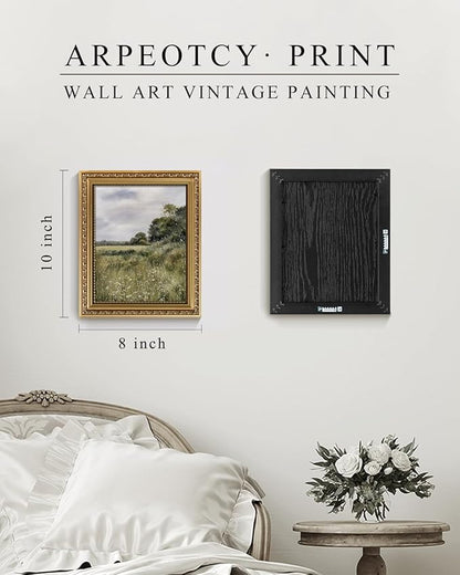 ARPEOTCY Vintage Gold Framed Wall Art, Farmhouse Meadow Landscape Country Painting, 8x10 inch Small Moody Rustic Canvas Picture Prints with Frame, Victorian Wall Decor for Living Room Bedroom Shelf