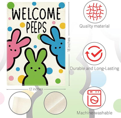 Welcome Peeps Easter Garden Flag Cute Bunny Easter Dot Garden Flag Decor Spring Double Sided House Flag for Outside Yard Decorations 12×18 Inch