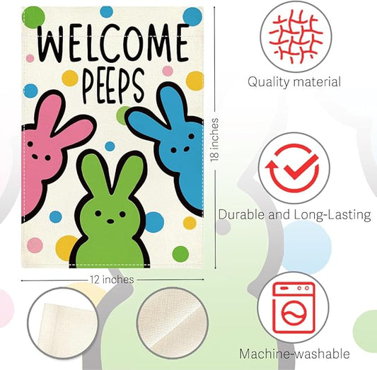 Welcome Peeps Easter Garden Flag Cute Bunny Easter Dot Garden Flag Decor Spring Double Sided House Flag for Outside Yard Decorations 12×18 Inch