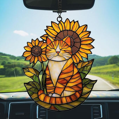 Happy Tabby Cat Acrylic Suncatcher Stained Glass Effect Window Car Hanging Christmas Ornament Indoor Outdoor Decor Garden Sun Catcher Panel Gifts for Cat Lover for Women Mom Grandma