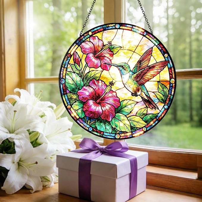 Hummingbird Stained Glass Window Hanging – Round Floral Suncatcher with Chain, Colorful Glass Ornament for Living Room Home Garden Decor Gift, 8 Inch