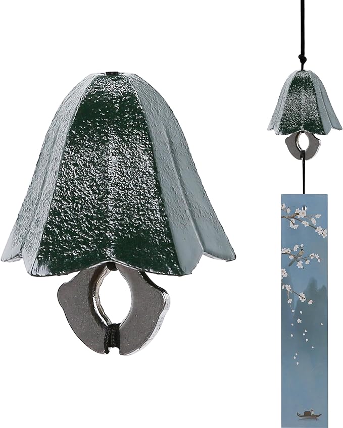 Japanese Wind Chime Cast-Iron Outdoor Ornament for Garden, Patio & Porch, Hanging Metal Wind-Bell Decoration Gift, Blessing Pendant Windchimes & PVC Wind-Catcher, Gentian Flower - Green