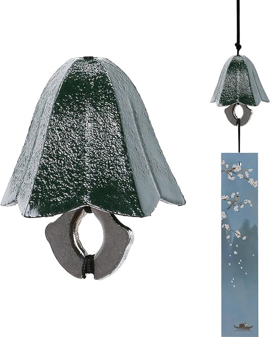 Japanese Wind Chime Cast-Iron Outdoor Ornament for Garden, Patio & Porch, Hanging Metal Wind-Bell Decoration Gift, Blessing Pendant Windchimes & PVC Wind-Catcher, Gentian Flower - Green