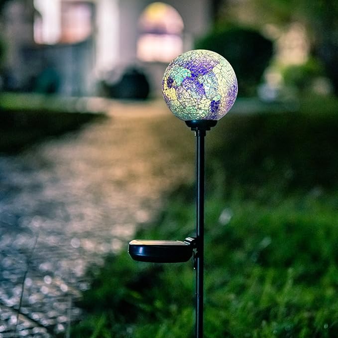 Afirst Solar Lights Outdoor Decorative Mosaic Gazing Ball Garden Stakes Decorative Lights Waterproof Glass Ball LED Pathway Stake Light for Pathway Yard Lawn Decoration Blue