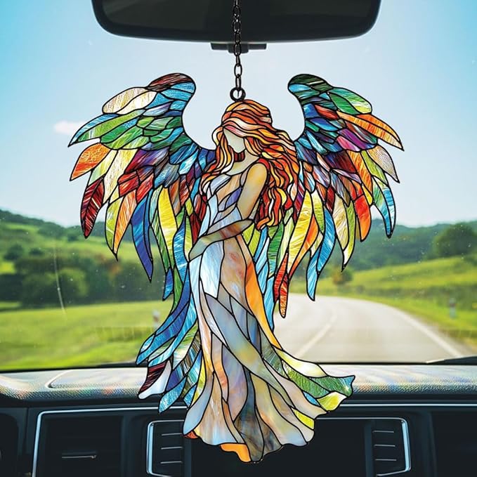 Rainbow Wing Angel Acrylic Suncatcher Stained Glass Effect Window Car Hanging Christmas Ornament Indoor Outdoor Decor Garden Sun Catcher Panel for Angel Lover for Women Mom Grandma