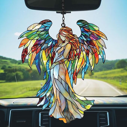 Rainbow Wing Angel Acrylic Suncatcher Stained Glass Effect Window Car Hanging Christmas Ornament Indoor Outdoor Decor Garden Sun Catcher Panel for Angel Lover for Women Mom Grandma
