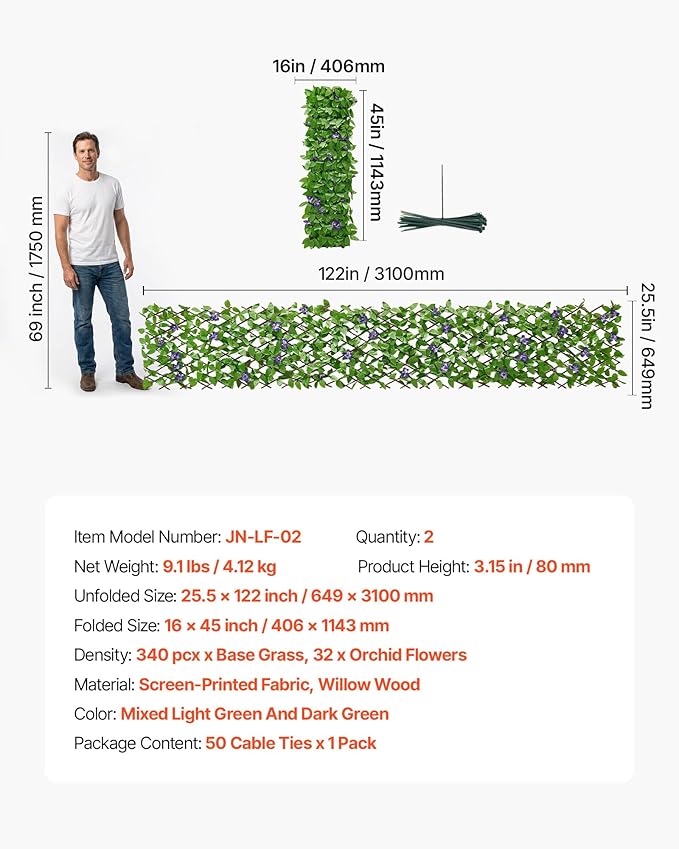 VEVOR Expandable Fence Privacy Screen, 25.5 x 122 in Expand Artificial Plant Wall, Realistic Artificial Ivy Panel with 50 Zip Ties, Decorative Faux Greenery Backdrop Hedges for Balcony Patio Outdoor