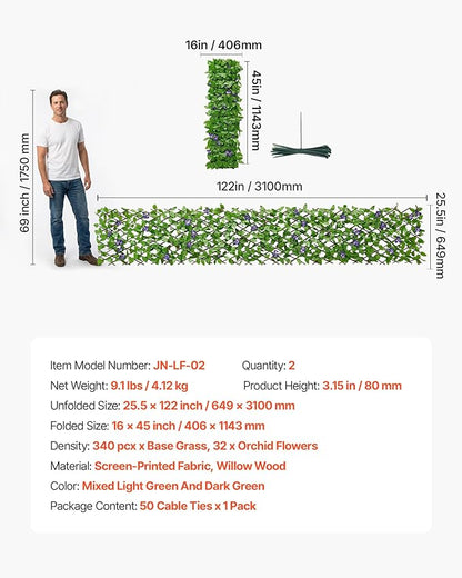 VEVOR Expandable Fence Privacy Screen, 25.5 x 122 in Expand Artificial Plant Wall, Realistic Artificial Ivy Panel with 50 Zip Ties, Decorative Faux Greenery Backdrop Hedges for Balcony Patio Outdoor