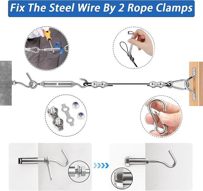 String Light Hanging Kit with 164FT Vinyl Coated 304 Stainless Steel Wire Rope, Globe String Light Suspension Kit, Outdoor Light Guide Wire Kit Included Turnbuckles, Enough Accessories, Use Manual