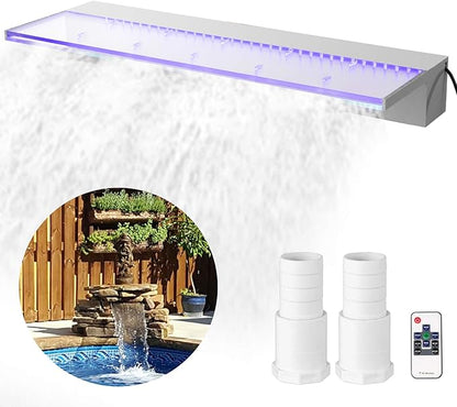 Happybuy Fountain Spillway 23.6x3.2x8.1 Inch, Pool Waterfall Fountain 17 Colors Led, Pool Water Fall Kit with Remote, Pool Spillway Solid Acrylic Pool Waterfall for Garden Pond, Swimming Pool, Square