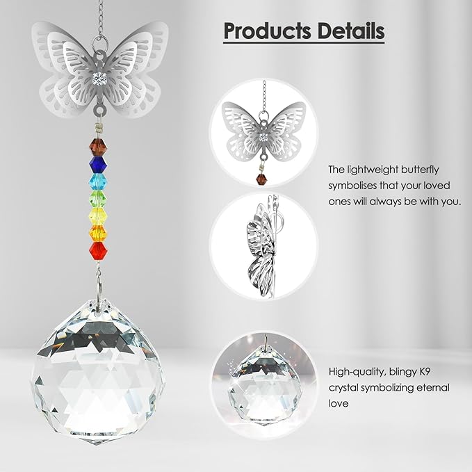 Merrynine Crystal Suncatcher, K9 Crystal Sun Catcher for Window Prism Ball, Unique Pendant Gift, Rainbow Maker with Butterfly Chain for Easy Hanging Indoor Outdoor Decoration (Butterfly Prism Ball)