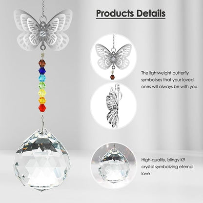 Merrynine Crystal Suncatcher, K9 Crystal Sun Catcher for Window Prism Ball, Unique Pendant Gift, Rainbow Maker with Butterfly Chain for Easy Hanging Indoor Outdoor Decoration (Butterfly Prism Ball)