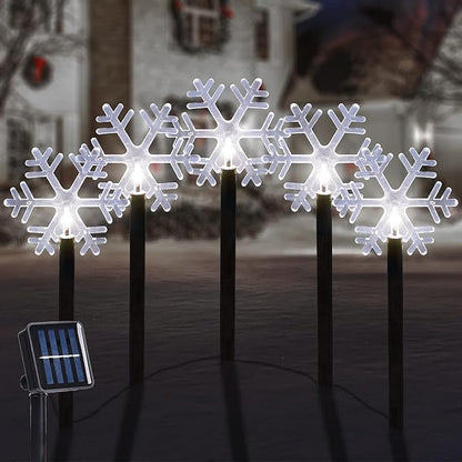 Christmas Snowflake Pathway Lights, 5 Pack Solar Christmas Stake Markers with Cool White Fairy Lights for Outdoor Holiday Walkway Patio Garden Decoration