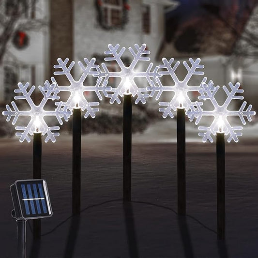 Christmas Snowflake Pathway Lights, 5 Pack Solar Christmas Stake Markers with Cool White Fairy Lights for Outdoor Holiday Walkway Patio Garden Decoration