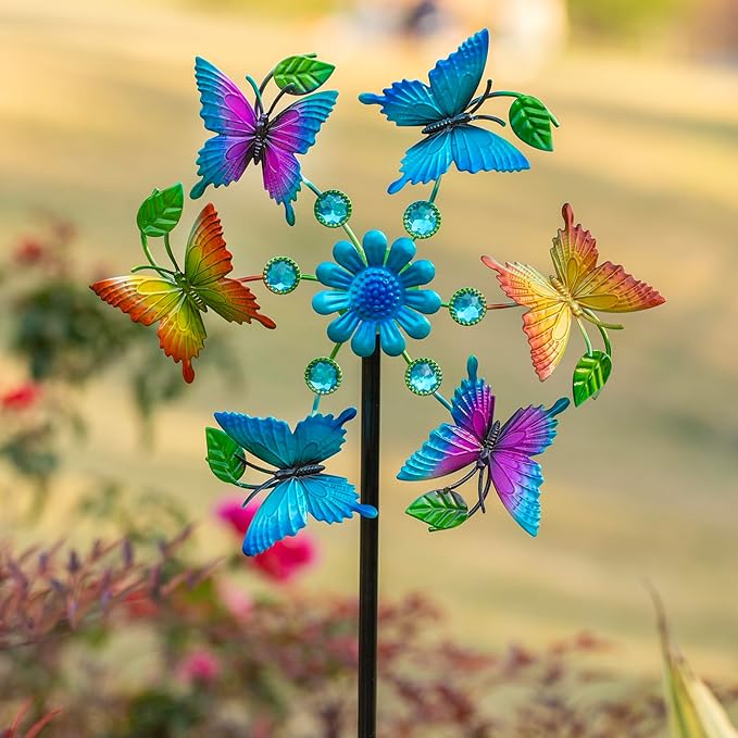 44" Colorful Butterfly Garden Wind Spinners - Metal Outdoor Stakes Kinetic Wind Spinner Windmills Decor, Wind Sculpture Yard Art Decorations for Patio, Lawn & Garden