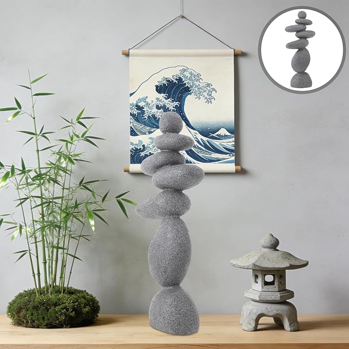DECHOUS Large Stacked Rocks Sculpture, 16.5 Inch Tall, Resin Rock Cairn Stone Stacked Zen Garden Balanced Stone Statue for Indoor Outdoor Patio Home Meditation Decor
