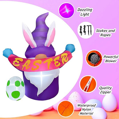 4FT Easter Inflatables Outdoor Decoration Purple Gnome, LED Lighted Inflatables Gnome for Home Yard Lawn Garden Easter Blow up Yard Decorations