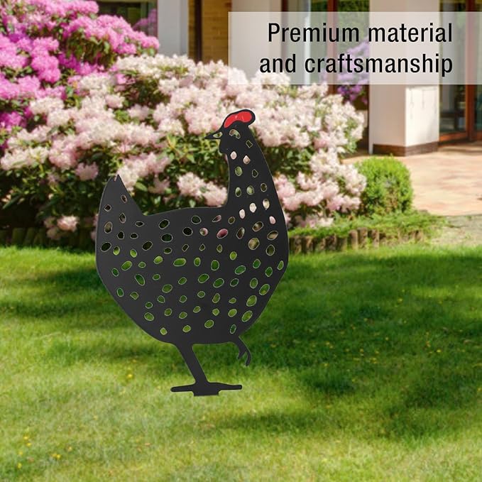flexman Chicken Garden Stake, Iron Garden Decorative Statues Multifunctional Chicken Family Garden Yard Art for Yard Outdoor Lawn Backyard (C)