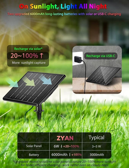 ZYAN Solar Color Changing RGB Spotlights with Remote, 12000mAh Separate Panels & USB-C Powered, Auto On Off, Outdoor IP65 Waterproof for Patio Yard Path (8 Pack)