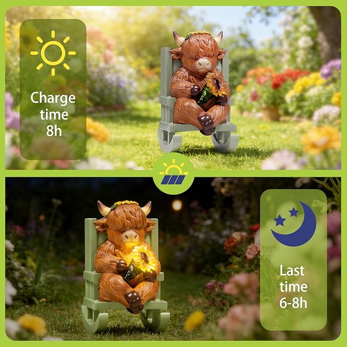 Solar Garden Statues Highland Cow Garden Decor Resin Highland Cow Statue with Light Animal Figurine Outdoor Yard Patio Lawn Decoration Housewarming Gardening Gifts for Women 3.5 * 5 * 6.5 in