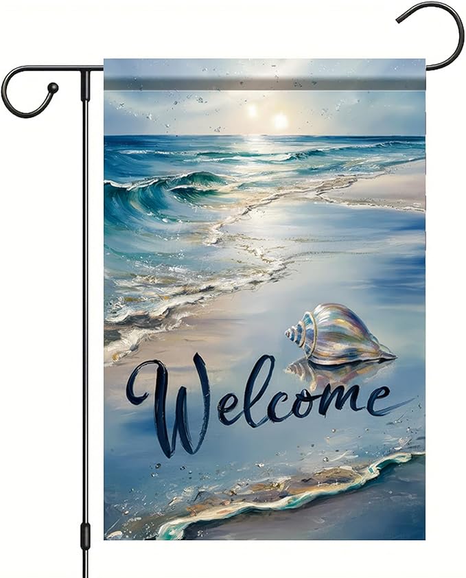 Welcome Summer Coastal Garden Flag Double Sided 12 x 18 Inch Beach Coastal Coral Starfish Shell Sea Horse Yard Outside Decorations Nautical Seasonal Burlap Outdoor Small Home Decor
