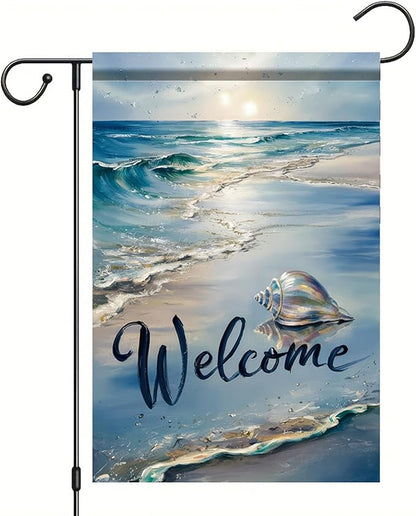 Welcome Summer Coastal Garden Flag Double Sided 12 x 18 Inch Beach Coastal Coral Starfish Shell Sea Horse Yard Outside Decorations Nautical Seasonal Burlap Outdoor Small Home Decor