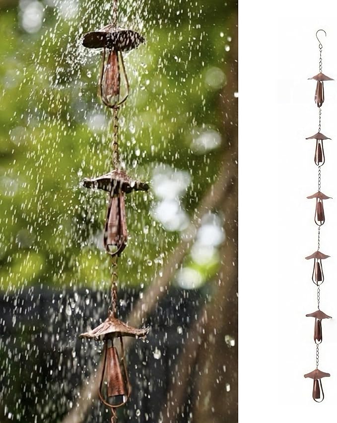 Rain Chain Home Decor, Outdoor 3.54 FT Rain Catcher Chain for Gutter Downspouts Divert for Roof Porch Lawn Gazebos Garden Drainage Eaves Decor (Pinecone) (Mushroom)