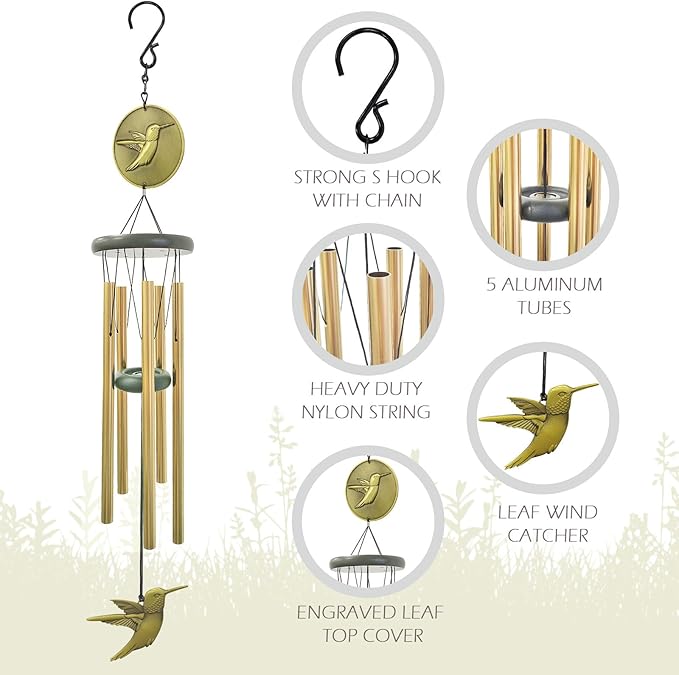 Hummingbird Wind Chimes for Outside,32 "Memorial Outdoor Wind Chime Create a Zen Atmospherer,Hummingbird Gift for Women Mother Father Christmas,Home Garden Patio Yard Decor(Bronze)