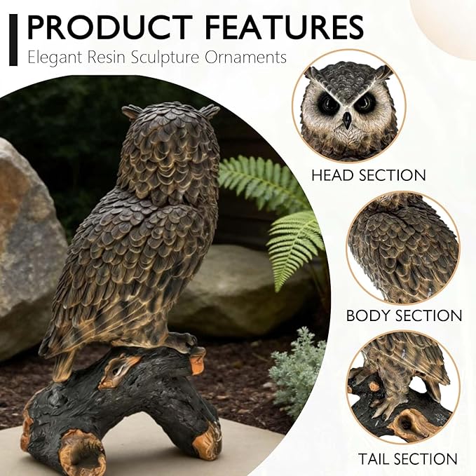 18.98" H x 11.10" L Large Owl Statue for Garden, Outdoor Sculpture, Animal Decor for Yard Porch Entryway Patio Living Room (Large, Owl)