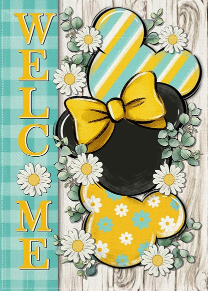 Welcome Spring Decorative Garden Flag, Daisy Flower Yellow Teal Plaid Stripes Yard Outside Decorations, Summer Farmhouse Outdoor Small Home Decor Double Sided 12 x 18